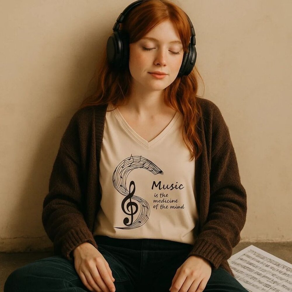 Music Graphic Tee Apricot Beige Size Large Music is the Medicine of the Mind